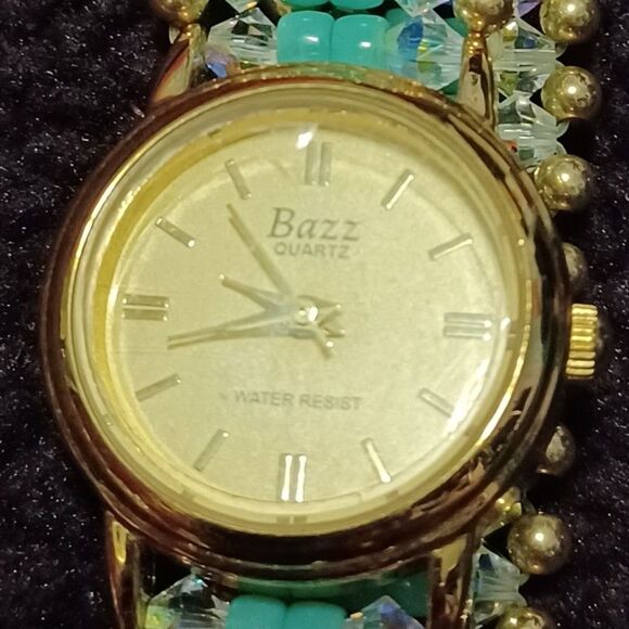 BAZZ DELUXE Gold-Tone Watch, Elastic Blue and Clear Beaded Wristband, Bz-1016 - Picture 3 of 3